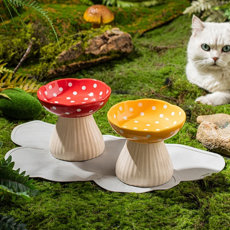 Cat Bowl Ceramic Mushroom Shaped Protect Neck Anti Knock Over Pet Supplies Dog Cat Rice Bowl Drinking Feeder