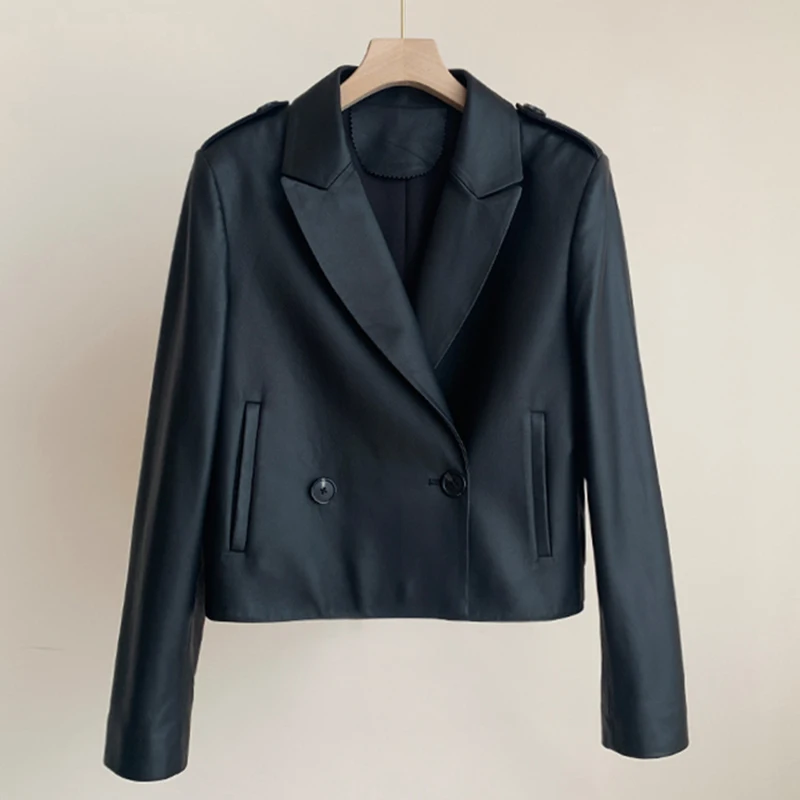 High-quality Sheepskin Leather Jacket 2026 Spring Women High Waist Slim Short Blazer Jacket Chic Ladies Real Leather Suit Coats