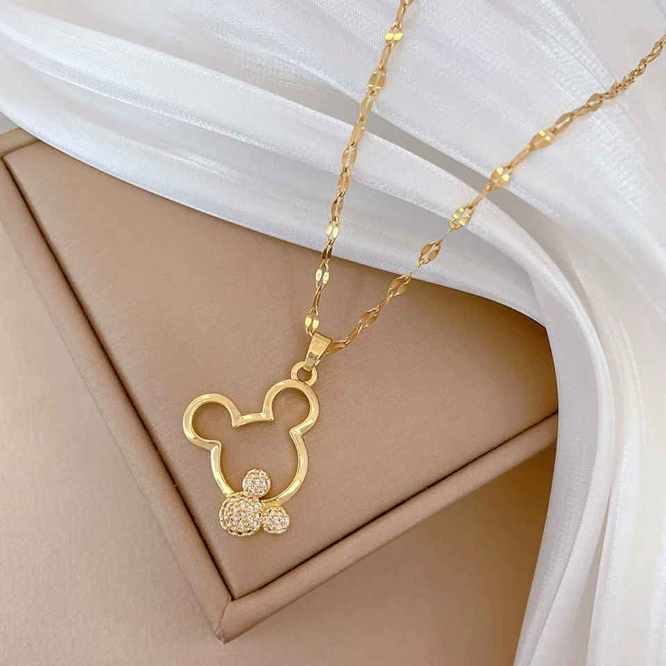 Yupsk Cute Hollow Cartoon Animal Series Zirconia Pendant Necklace for Women Gold Color Stainless Steel Chain Jewelry Gifts