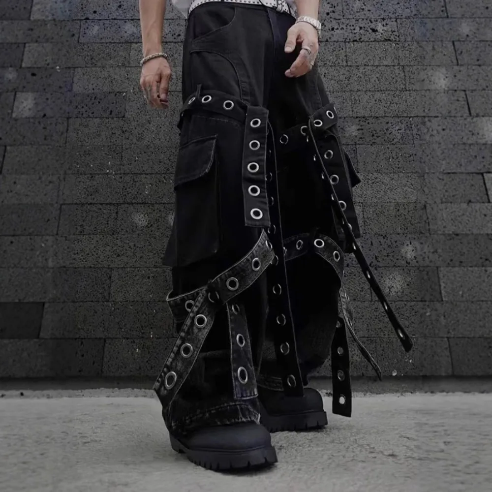 High Street Jean Pants Women's Street Retro Heavy Industry Design Pleated Workwear Hardware Decoration Loose Hanging Denim Pant