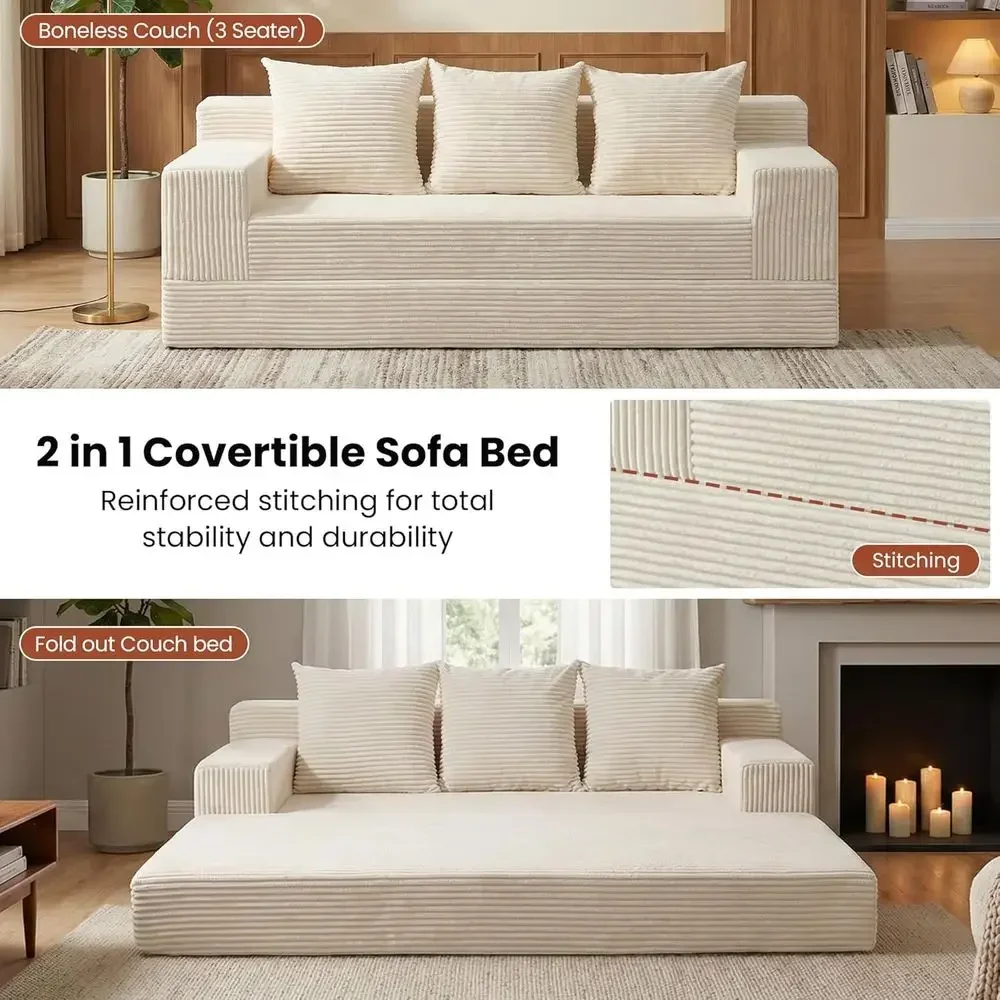 78 Inch 2-in-1 Convertible Sofa Bed Corduroy 3 Seater Oversized Sleeper Sofa with 3 Pillows for Living Room, Bedroom, and Den view 3