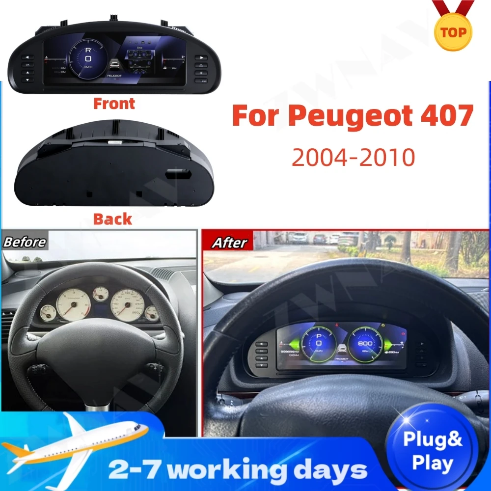 12.3'' LCD Dashboard Cluster For Peugeot 407 2004-2010 Digital Virtual Instrument Panel Meter Wireless Carplay Speedmeter Stereo