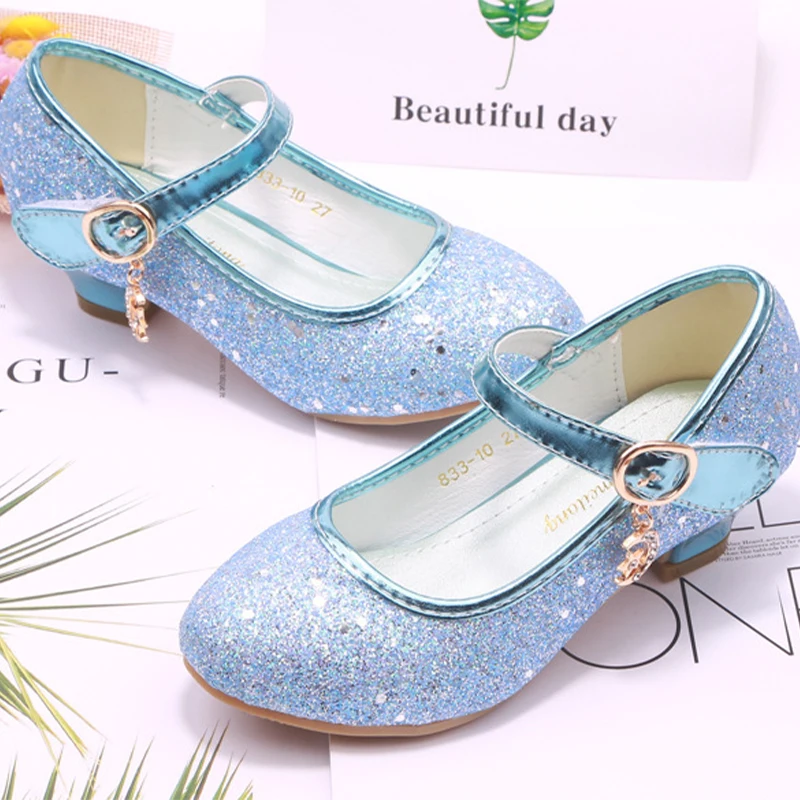 YUNICUS Girls High Heels Children's Leather Shoes Small Children Princess Single Shoes Sequins Students Dance Performance Gift