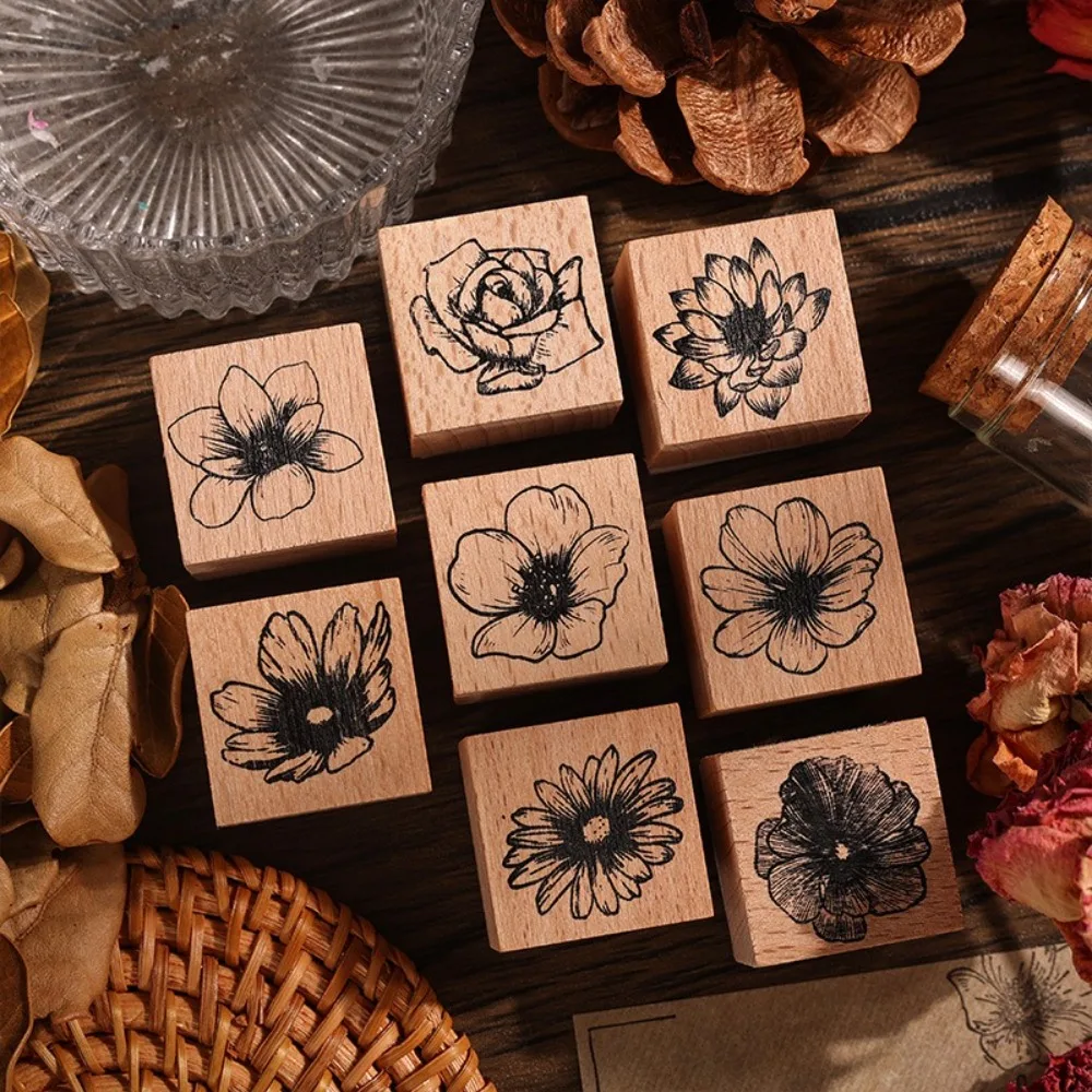 

Artistic Tools Vintage Flower Seal Set Wood Decorative Planner Seal Crafting Eco-Friendly Account Stamp Scrapbooking