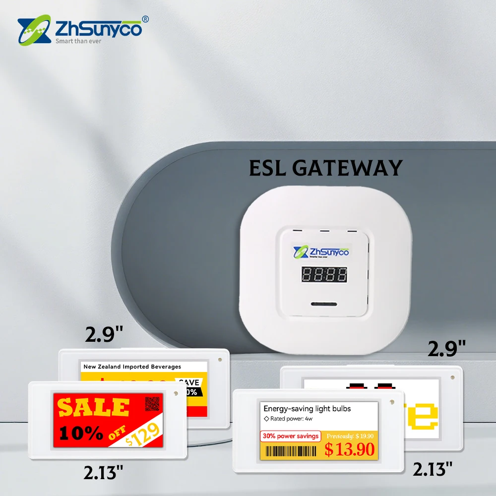 ป้ายราคาอิเล็กทรอนิกส์ Zhsunyco E-ink สำหรับติดชั้นวางสินค้า ระบบ ESL 2.4GHz ขนาด 2.13/2.9 นิ้ว/เกตเวย์ สำหรับซูเปอร์มาร์เก็ต