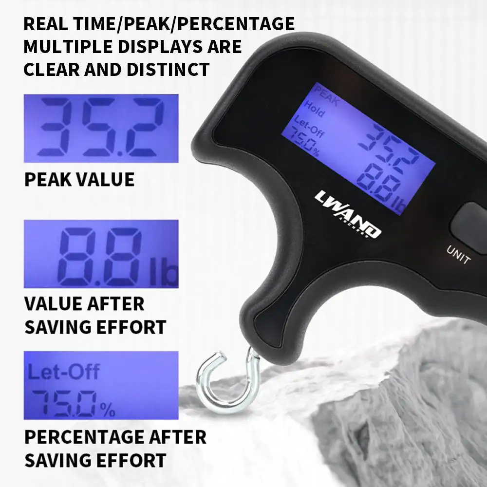

Handheld bow scale with LED digital display, measures in pounds and kilograms, accurate and durable