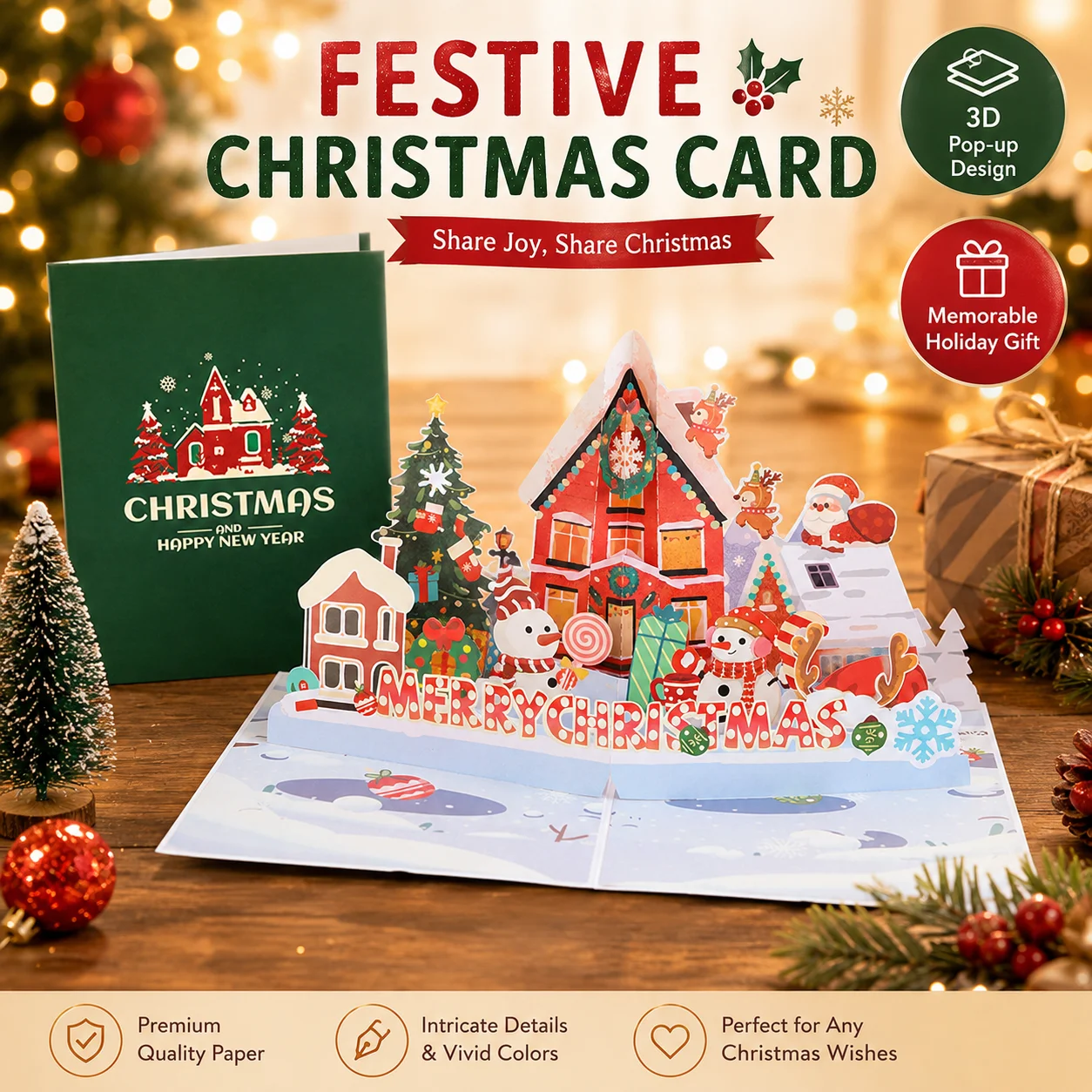 Vintage Christmas House 3D Holiday Card, DIY Holiday Gift Party Invitation Card, Wonderful Holiday Greeting Card (with Envelope)