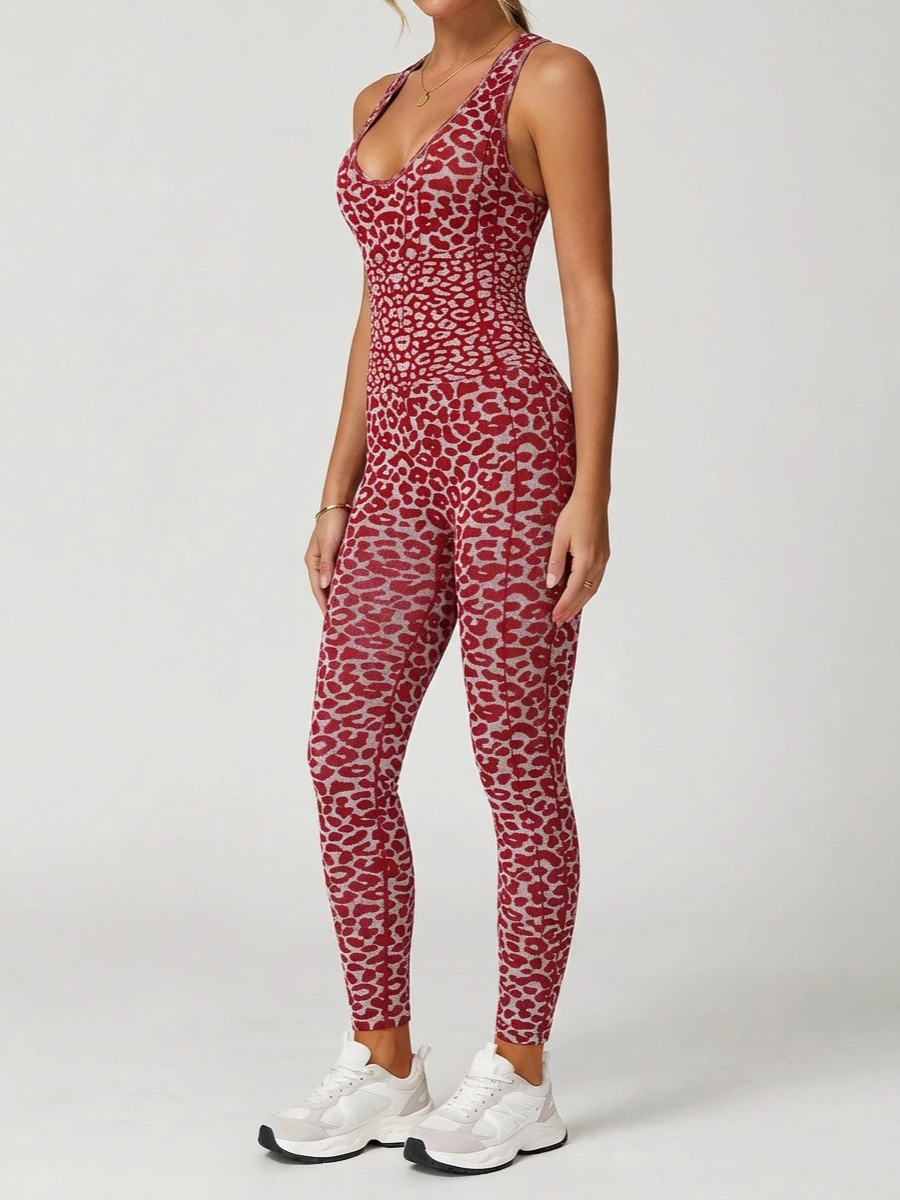 

Hot Sexy Seamless One Piece Yoga Tracksuit Women's Leopard Print Skinny Fitness Sporty Overalls Sleeveless Running Gym Bodysuits