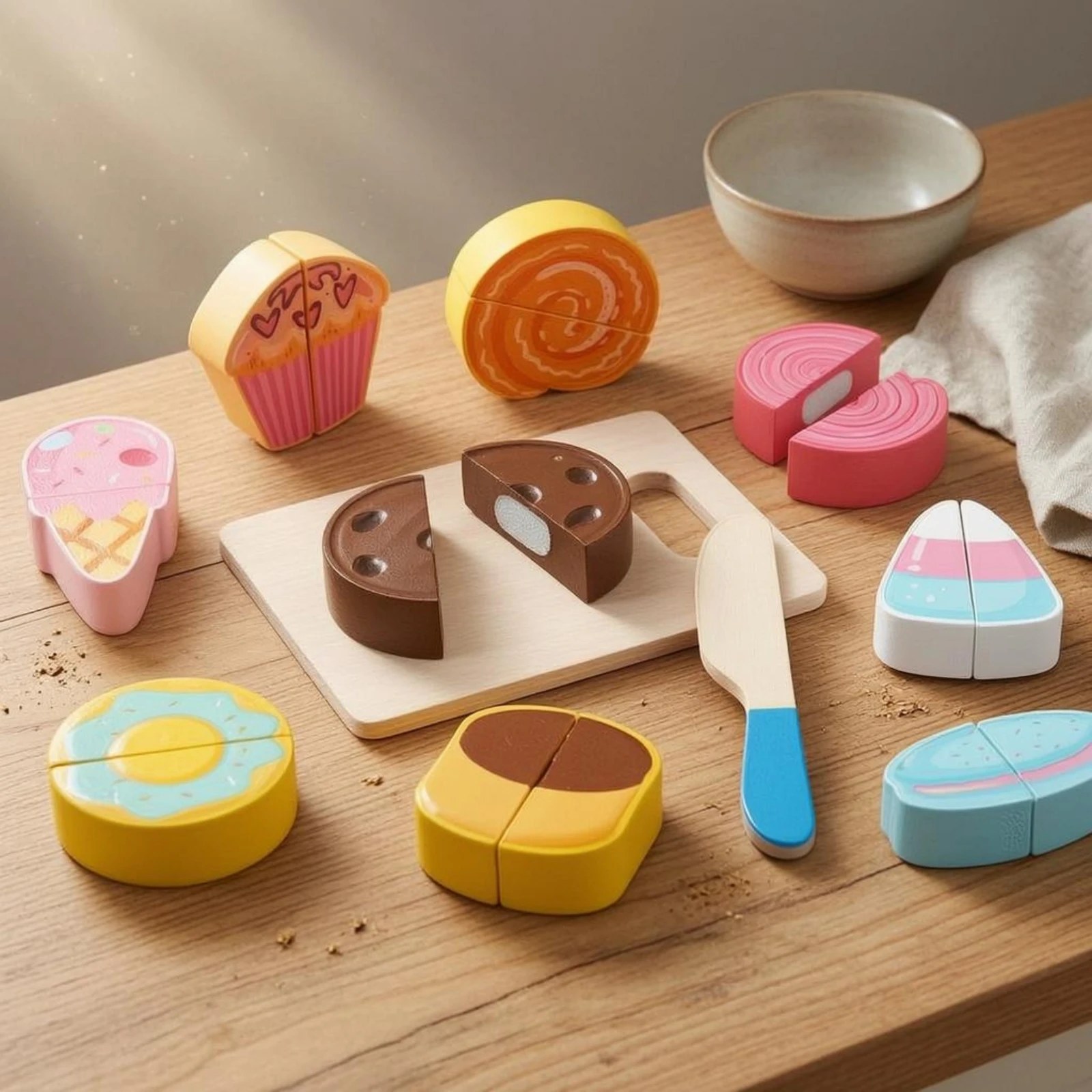 デザートカットおもちゃ-カラフルな木製カットおもちゃ-ごっこ遊びキッチンセット-微細運動能力向上-ごっこ遊びフードキッチンセット-教育用