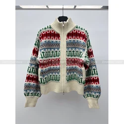 Colour jacquard collar cashmere knitted cardigan female 2024 autumn and winter new retro lazy wind double zip jumper jacket