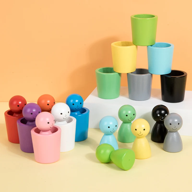 Montessori Color Sorting Toys Color Matching Sensory Game Wooden Peg Dolls in Cups Early Education Learning Toys For Toddler 3+