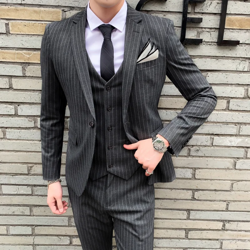 [Jacket+Vest+Pants] Classic Striped Suit Jacket Men\'s Suit Suit Men\'s Slim Tuxedo Jacket Pants Formal Dinner Wedding Groom