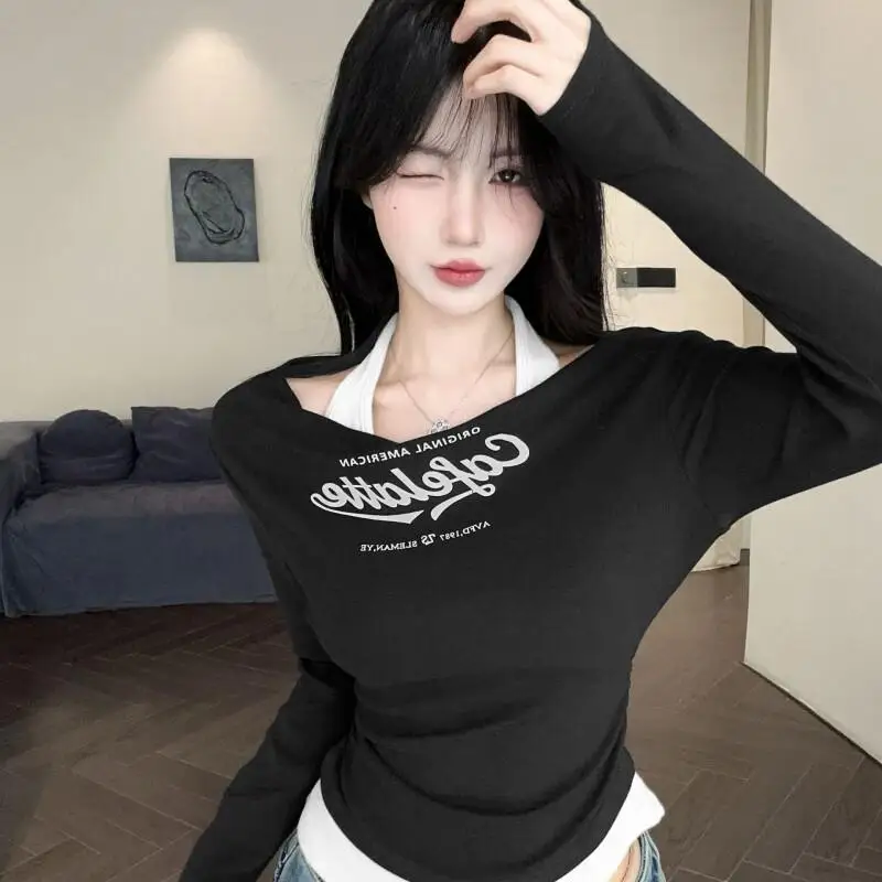 かわいい女の子ファッション トップス 学生風 漫画風 カジュアル レディース服 2025 春秋新作 ピュアカラー ブロックカラー ホルターネック フェイク