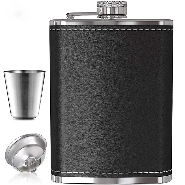 1Pc 8oz Portable Stainless Steel Hip Flask Flagon Whiskey Wine Pot Leather Cover Bottle  Funnel Travel Tour Drinkware Wine Cup 1