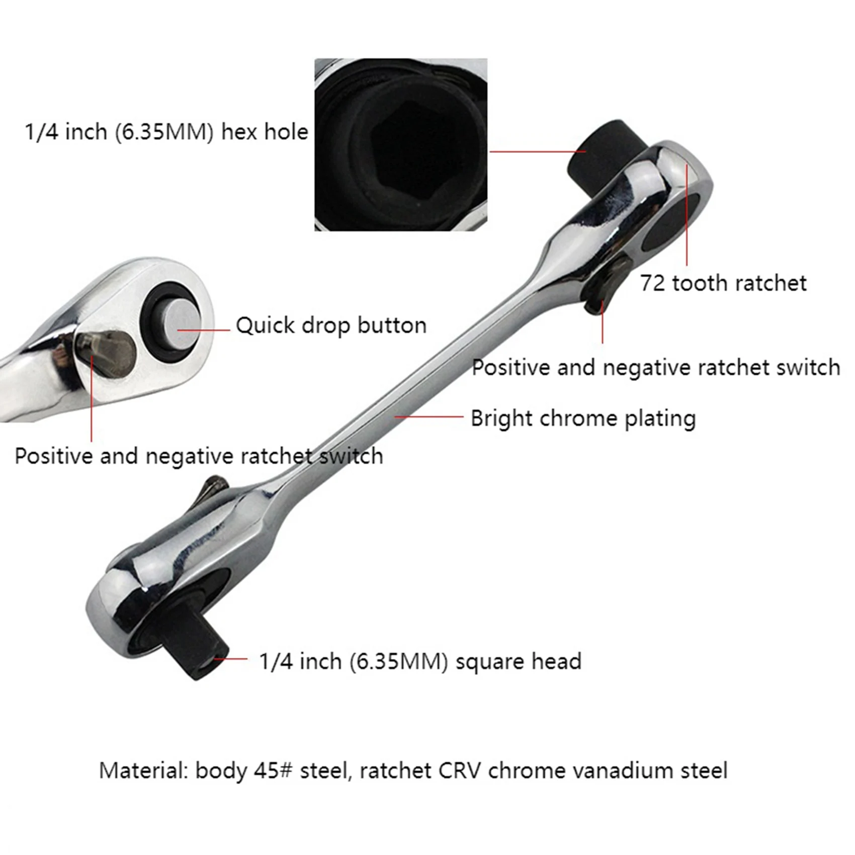 1 Stück 72 Zähne 1/4 Zoll Schnell-Doppel-Doppelend-Mini-Ratschenschlüssel aus Chrom-Vanadium-Stahl (107 mm)