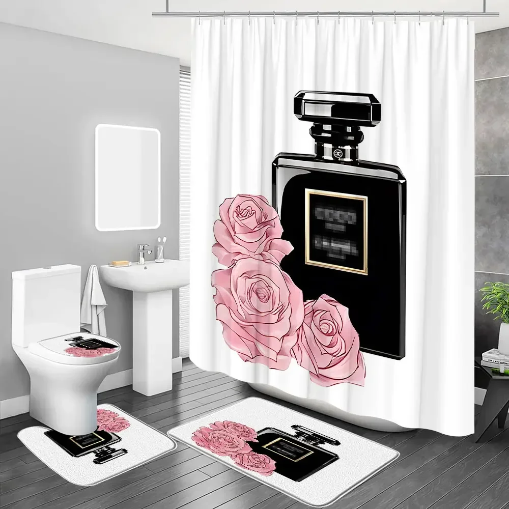 Luxury Perfume Cosmetic Flowers Art Fashion Girl Perfume Bottle Printed Shower Curtain with Hooks Mat Rug Bathroom Decor Set