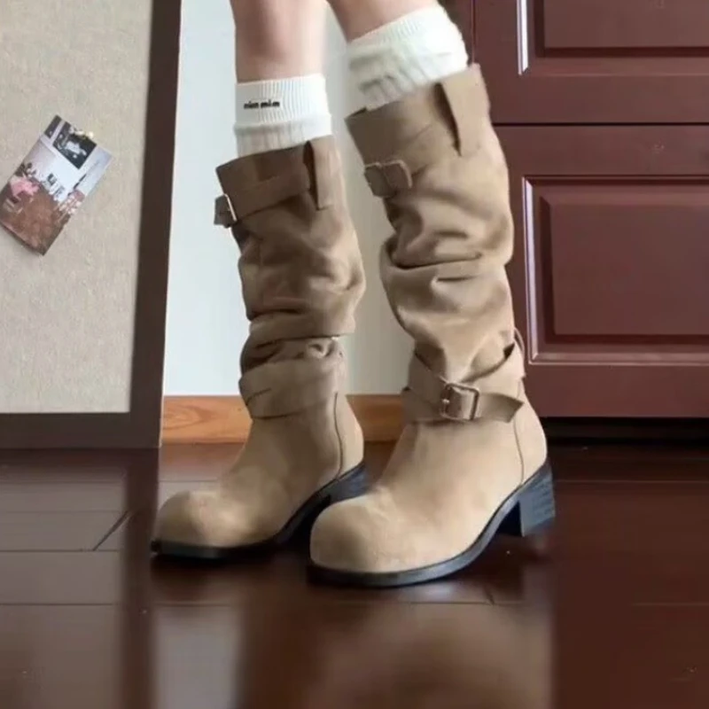 2025 NUEVA moda de alta calidad gran oferta plataforma tacón grueso botas de mujer moda pila doblada bota larga zapatos femeninos