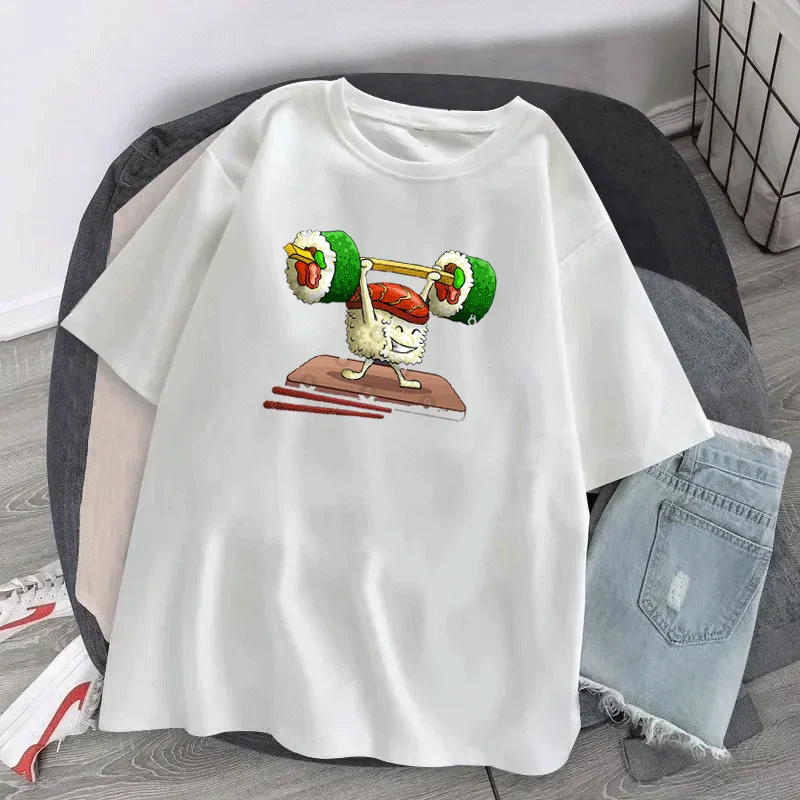 Women Sushi T-shirts Summer Cute Sushi hug Short Sleeve Tees shirt femme 2025 Summer O-Nock Kawaii Clothing Tops Ladies T shirt