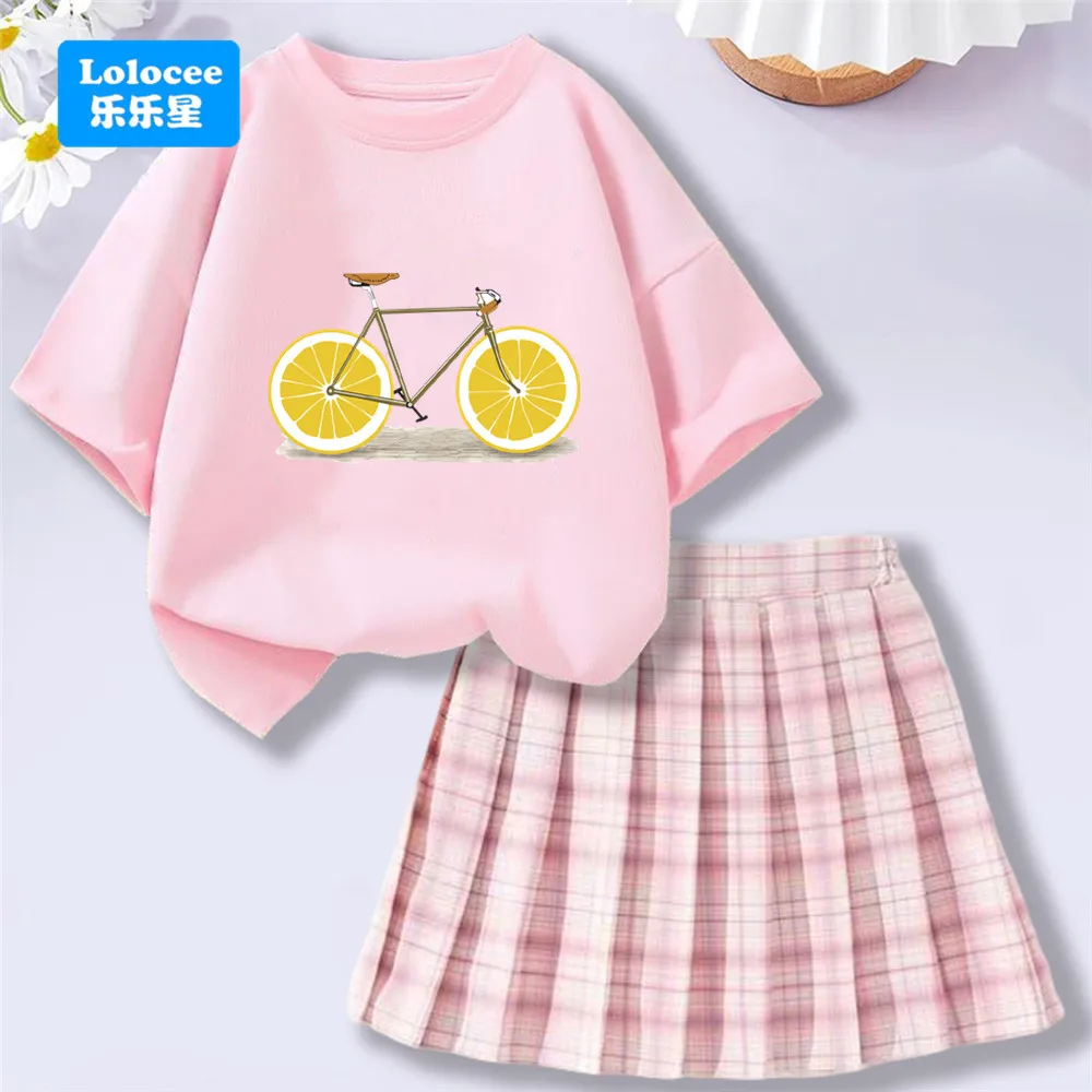 Fashion Summer Girl Clothes Set Short Sleeve Cute Lemon Bicycle Tops Plaid Pleated Skirt Toddler Girl Outfits 3-14Y NMDC1