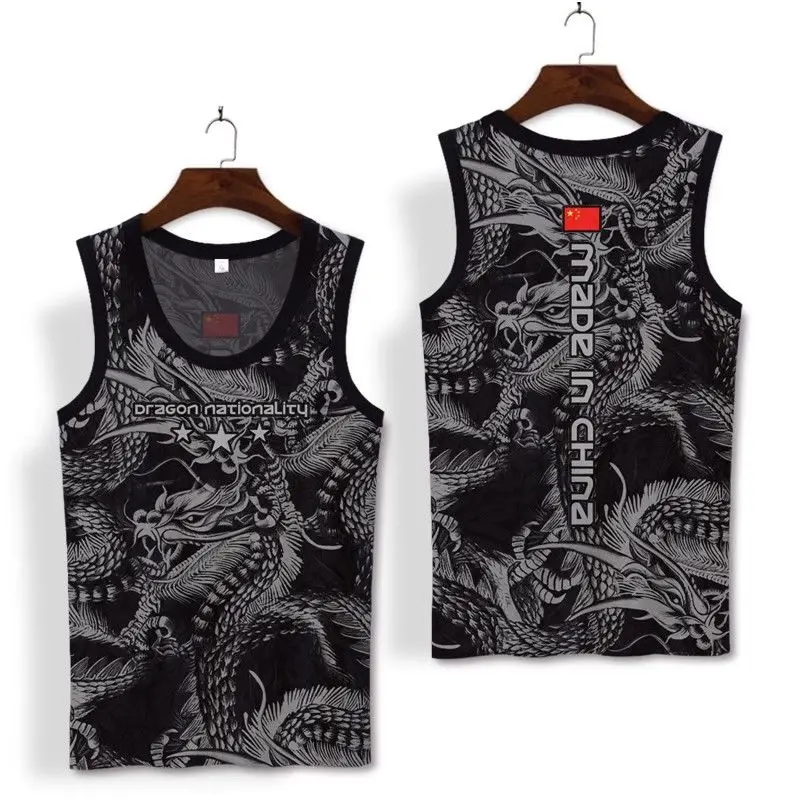 Summer Ice Silk Chinese 3D Dragon Black Running Tank Top Muscle Compression Gym Sleeveless T Shirt Y2k Streetwear Tops New