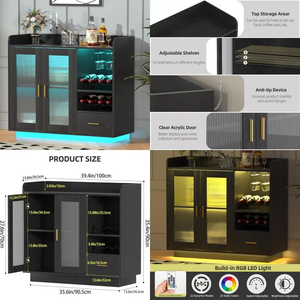 Lemari Bar Anggur Hitam dengan Lampu LED Kontemporer, Desain Mengambang untuk Penyimpanan Kopi, Bufet Dapur, Lebar 35,43 x Tinggi 15,7