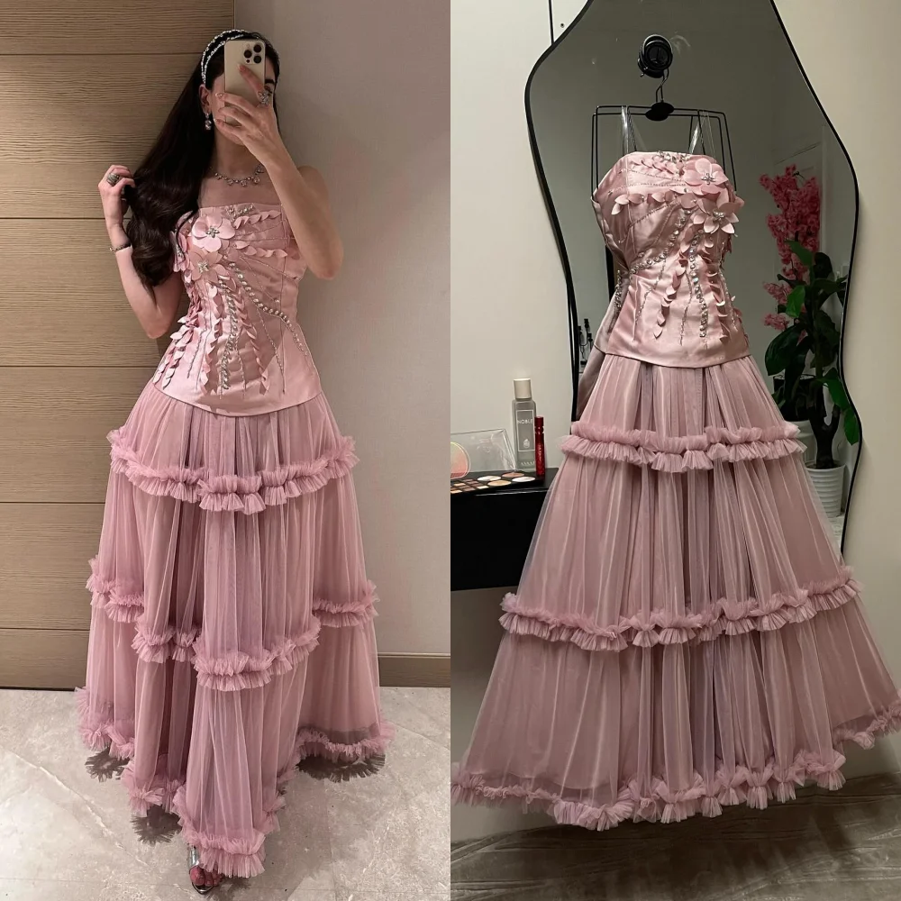

Customized Matching Tulle Handmade Flower Rhinestone Pleat A-line Strapless Long Dresses Bespoke Occasion Dresses High Quality