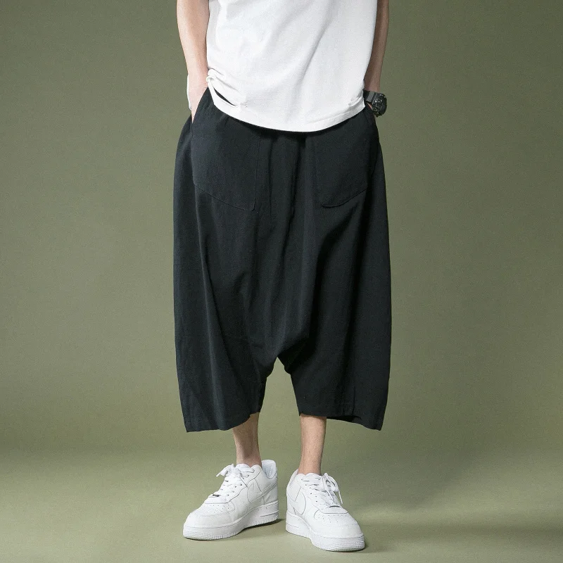 

Chinoiserie Cotton Linen Loose Plus Size Baggy Crotch Pants Summer Japanese Harajuku Casual Cropped Trousers Men Clothing