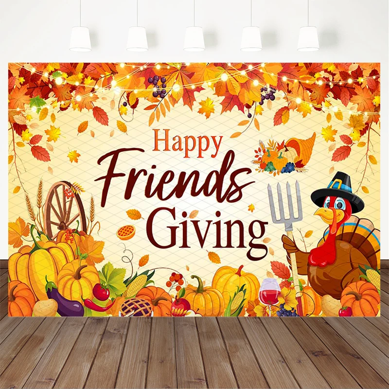 Mocsicka Happy Friends Photography Backdrop Turkey Maple Leaf String Light Pumpkin Harvest Thanksgiving Party Photo Backgrounds