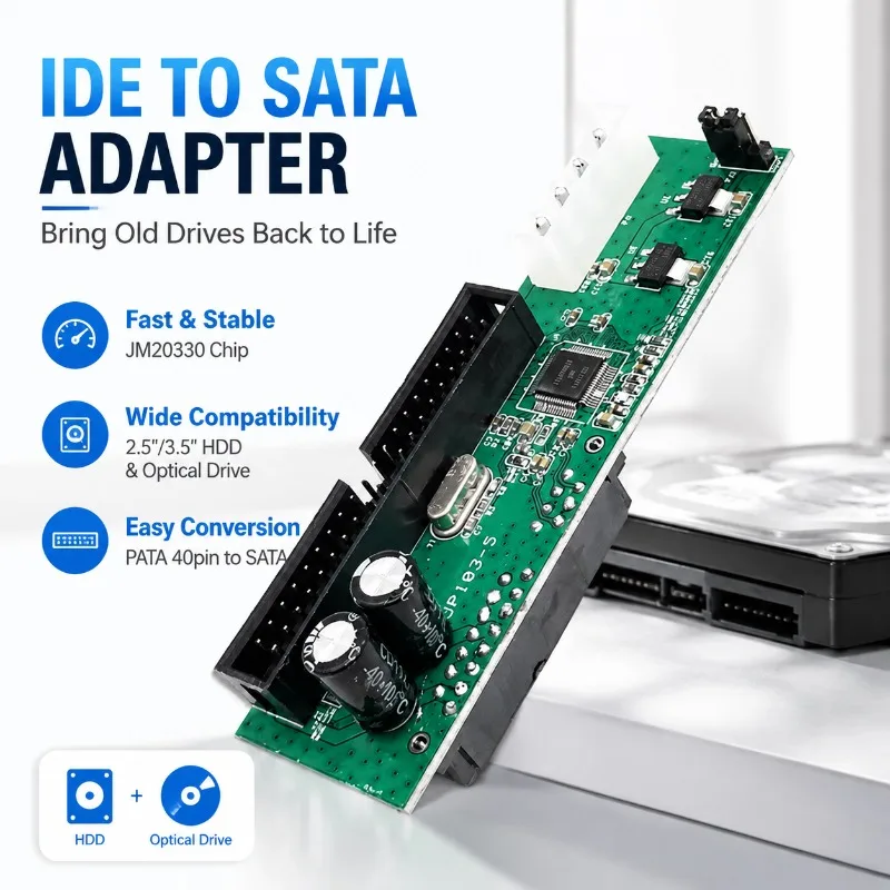 IDE to SATA Adapter Converter for 3.5 inch Hard Drive, JM20330 Chip, PATA 40pin to SATA, Support 2.5/3.5 HDD & Optical Drive