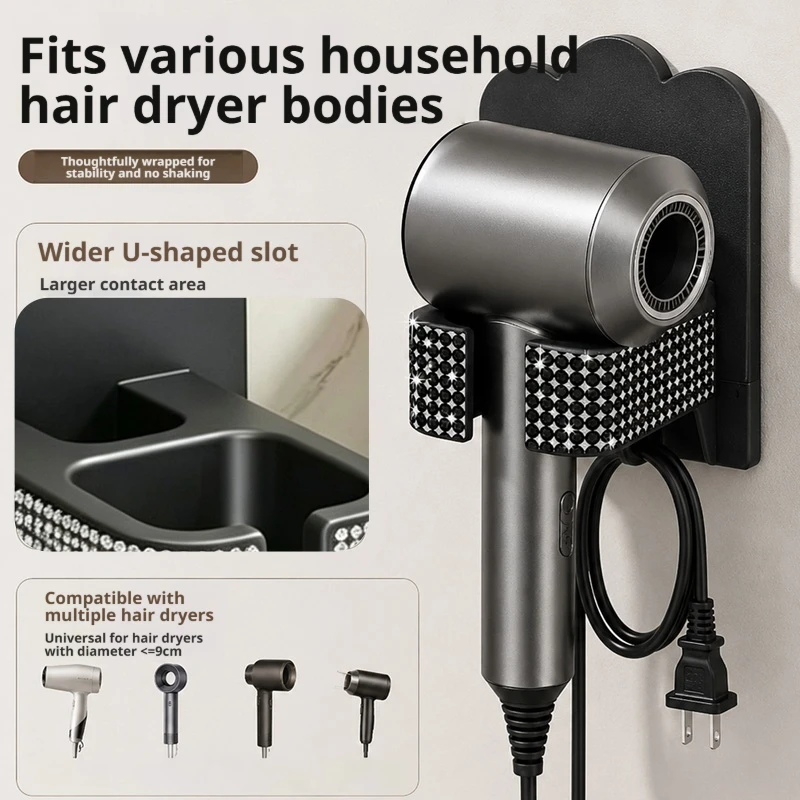 Punch-Free Wall Mount Hair Dryer Holder Adjustable Height Blow Dryer Bracket Cable Storage Rack Bathroom Organizer for Home Hotel