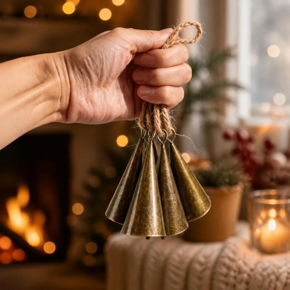 Vintage Hangable Christmas Cone Metal Bell Conical Hollow Hanging Bell Antique Finished Bronzed Craft Bell Festival Ornament