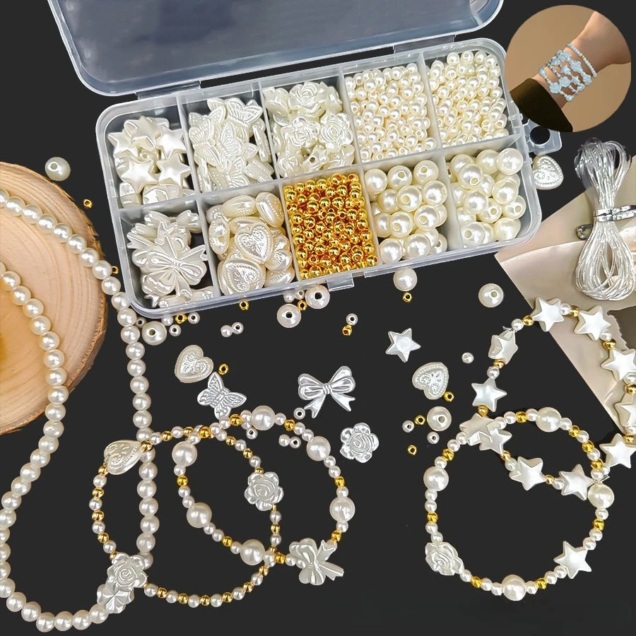Imitation Pearl Bead DIY Bracelet Make Kit, ABS Shell Pearl Loose Bead Set for Handmade Necklace Keychain Jewelry Craft Supplies