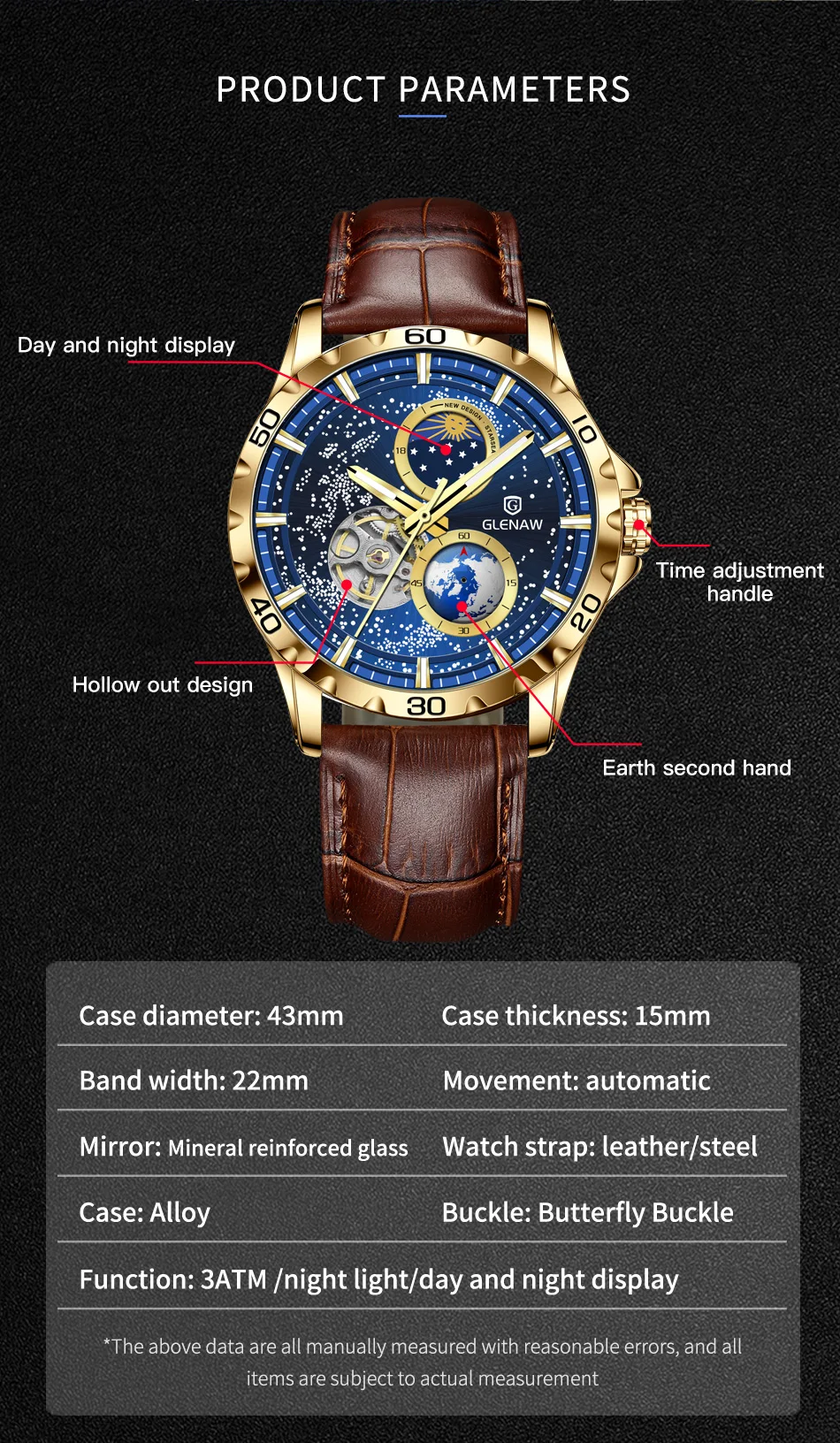 Glenaw design herren uhren top marke luxus mode geschäft automatische gold uhr herren wasserdichte mechanische uhr montre homme