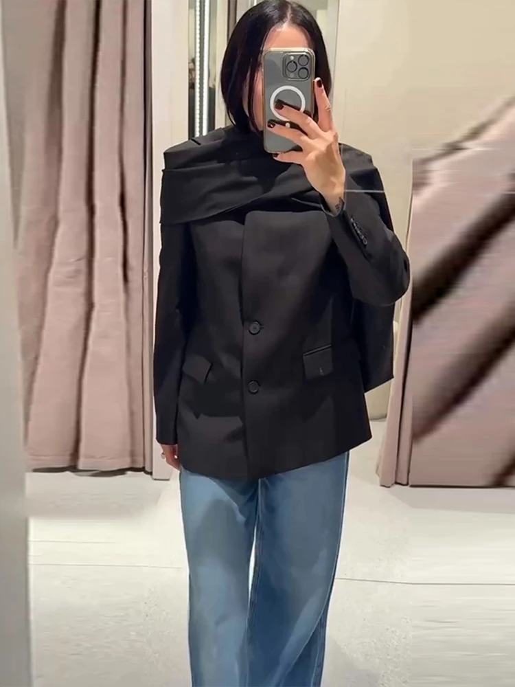 

Chic Women Blazer Long Sleeve Pockets Single Breated Pockets With Scarf Coat New Collection Female Jacket Spring High Street