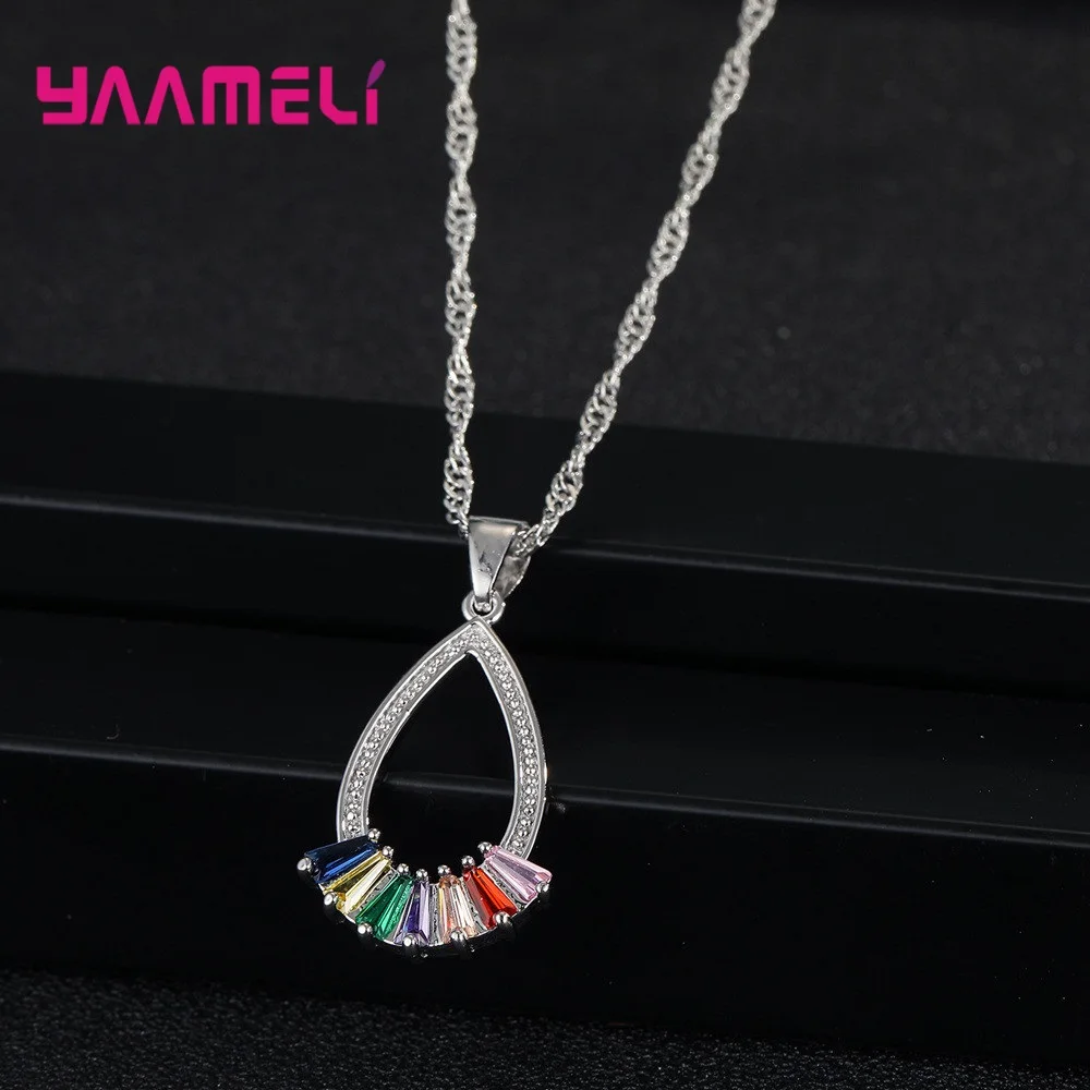 Elegant 925 Sterling Silver Women Jewelry Sets Multicolored AAA Zircon Classic Water Drop Pendant Necklace Hoop Earrings Gift