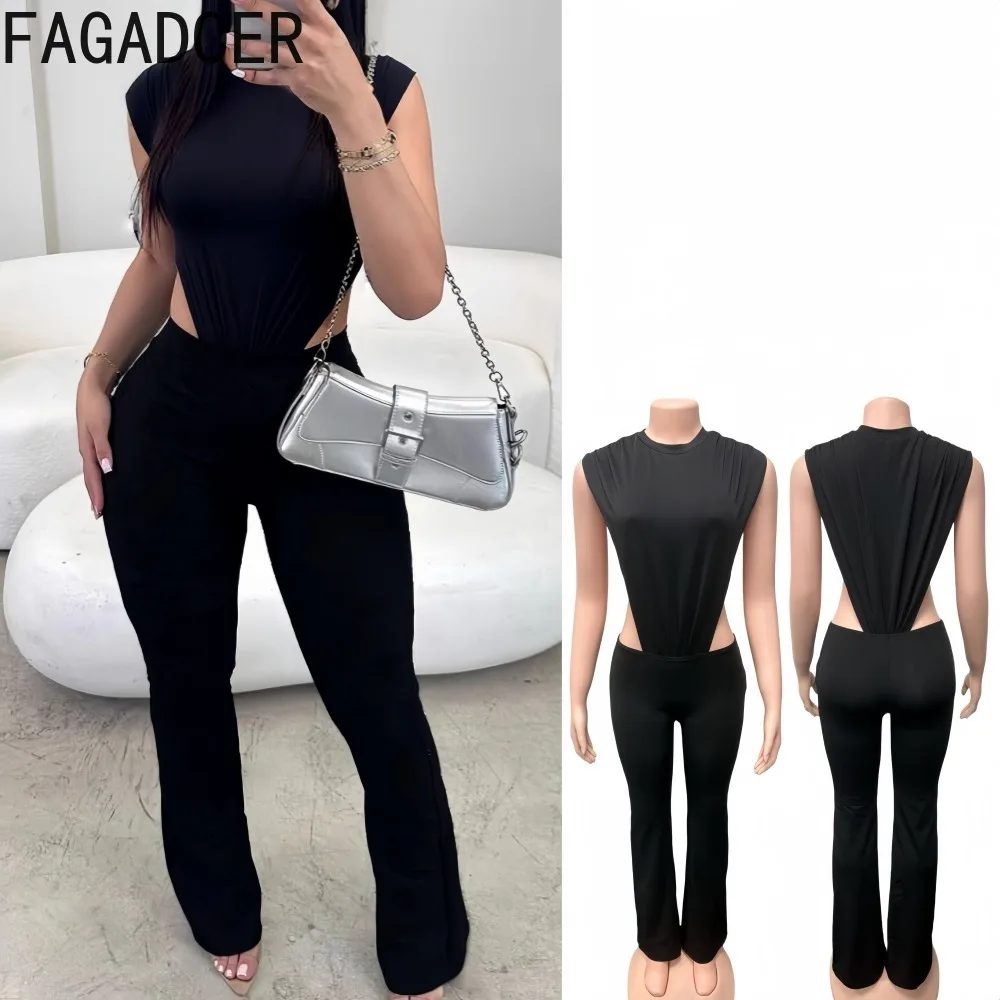 

FAGADOER Sexy Woman 2 Piece Set Outfit Solid Color Sleeveless Hollow-out Playsuits and Pants Suits Female Streetwear Clothing