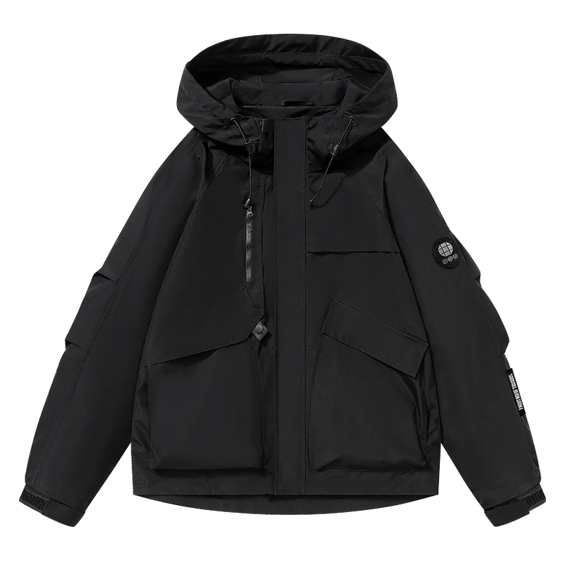 Unisex Outdoor-Windbreaker mit Kapuze, besticktem Aufnäher, mehreren Taschen, Reißverschluss-Knopfleiste, wasserdicht, winddicht, locker geschnittene Wanderjacke – Detail 2