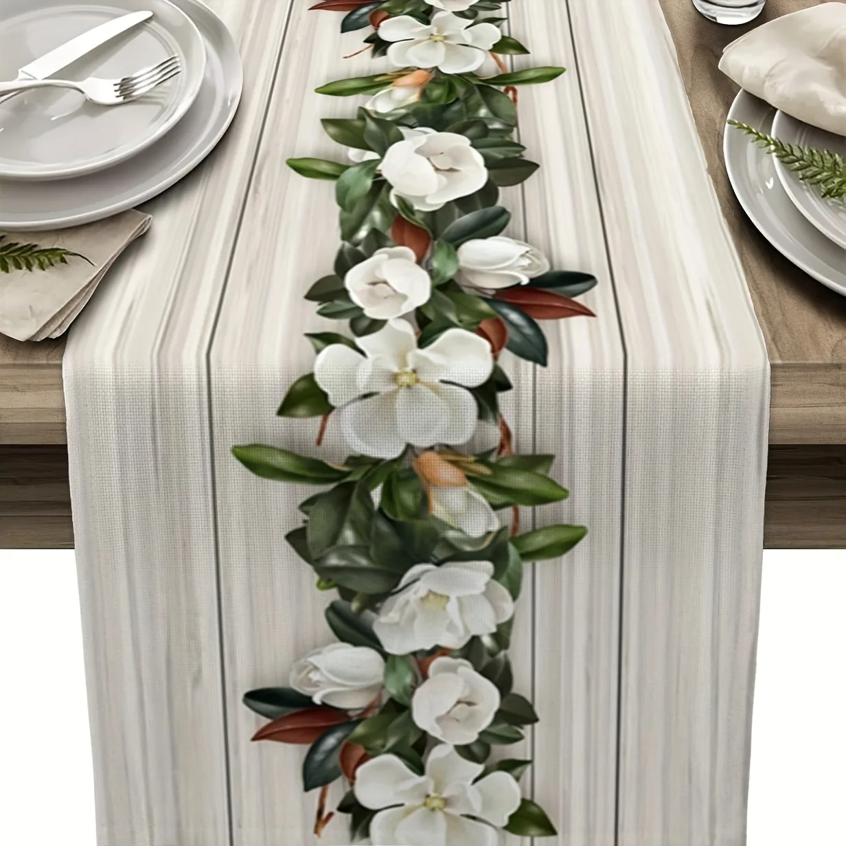 White Magnolia Floral Table Runner, Vertical Stripe Wood Grain Printed Fabric Table Scarf, Farmhouse Botanical Style Centerpiece