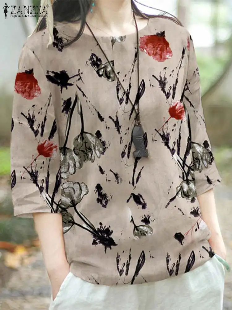 ZANZEA Casual Loose Floral Print Blouse Women Vintage Cotton Linen Tunic 2024 Summer 3/4 Sleeve Shirt Crewneck Bohemian Tops