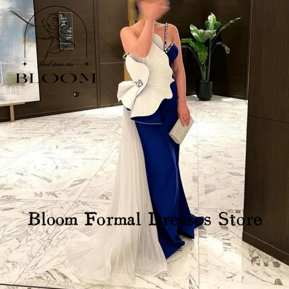 Bloom Customized One-Shoulder Crystal Blue Prom Dresses Sleeveless Ruffles Pleated Tulle Evening Dresses Wedding Party Dresses