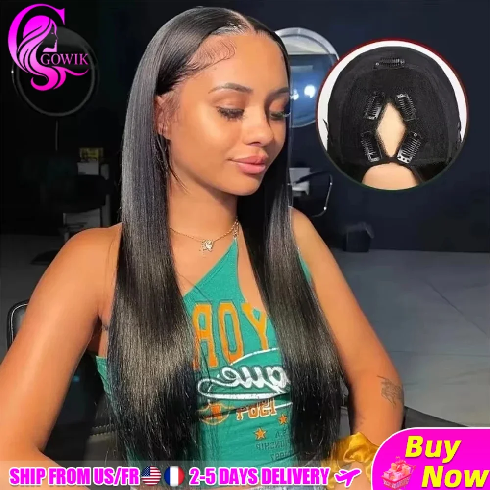 

Gowik Full Machine V Part Straight Human Hair Wigs for Women Remy Hair Brazilian Natural Color No Leave Out Upgrade U Part Wigs
