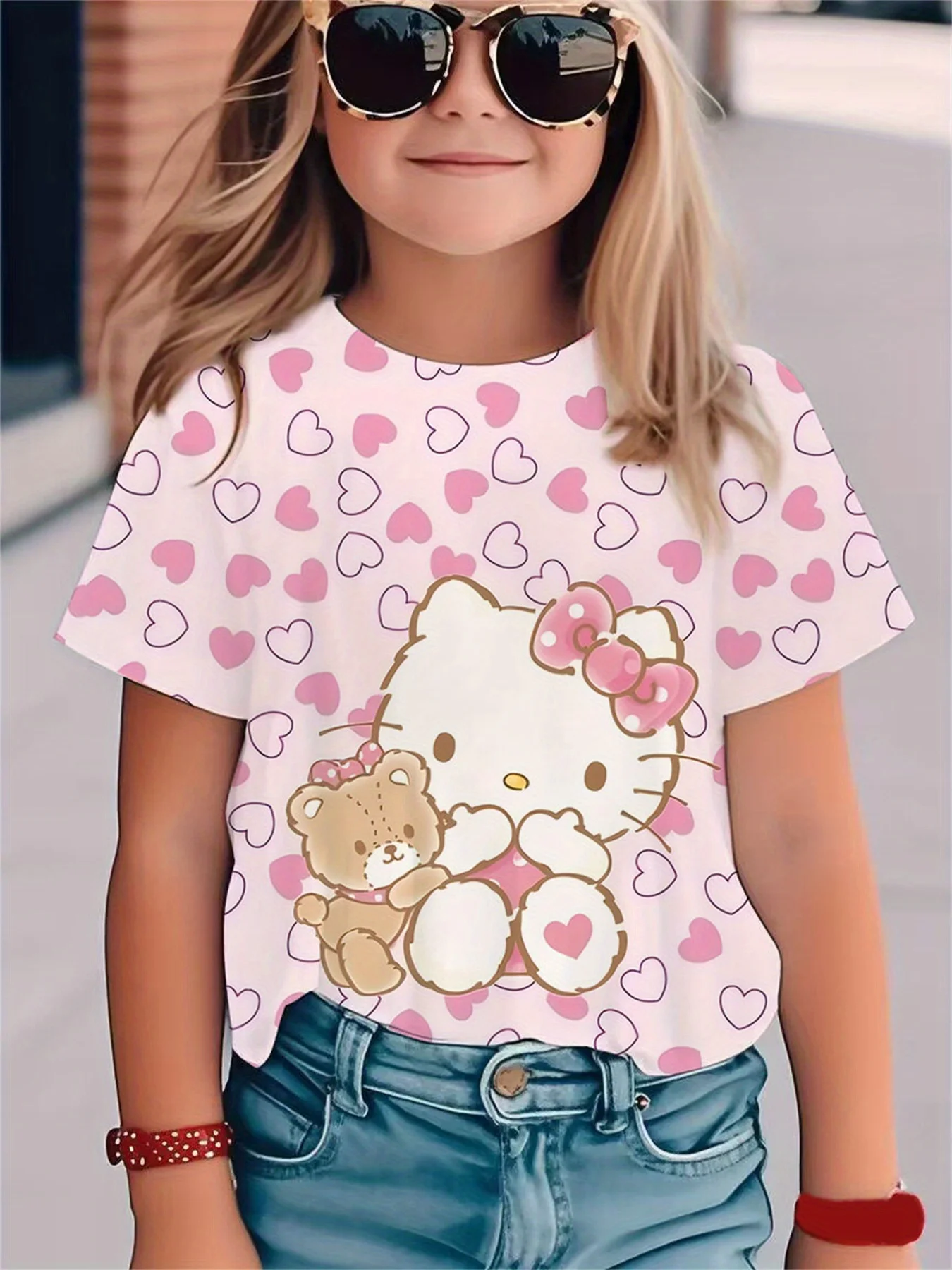

Summer Round Neck Short-sleeved Cute Cartoon Hello Kitty Kuromi Cute Unique Print Fashion T-shirt Comfortable Suitable Girl