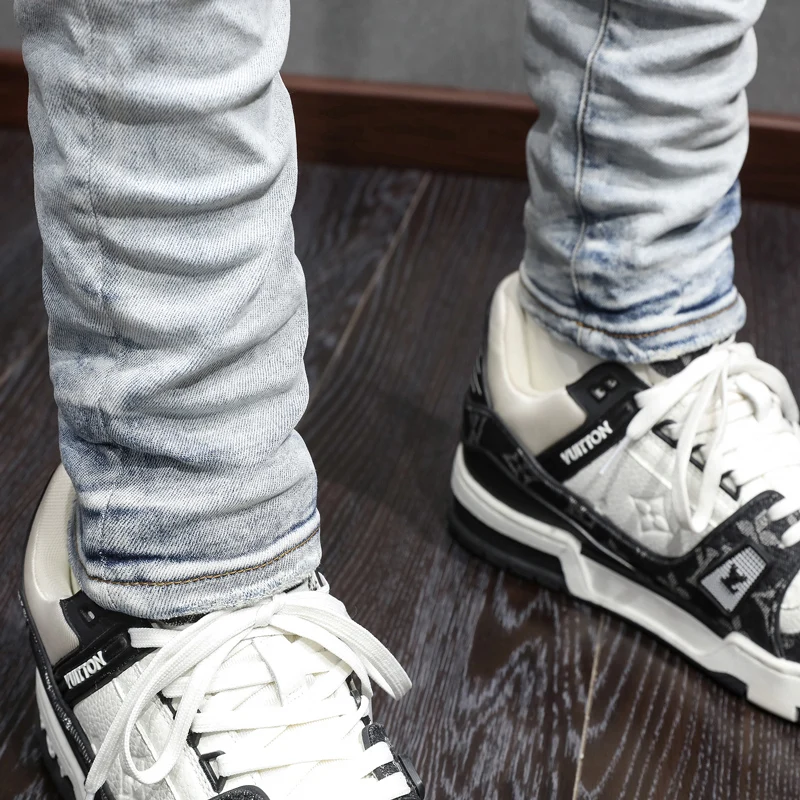 y2k new denim jeans washed nostalgic distressed black leather patch elastic slim fit light blue jeans high street hip-ho