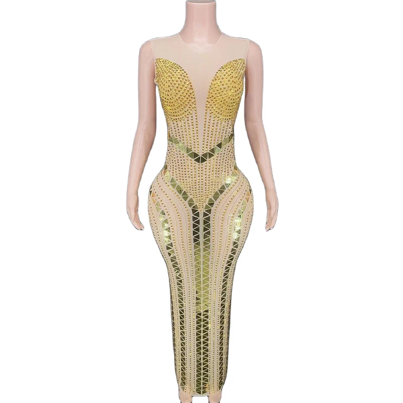 

rhinestone Women Sexy Sparkly Gold Silver Mirrors Dress Mesh See Through Sleeveless Prom Birthday Singer Club Wear