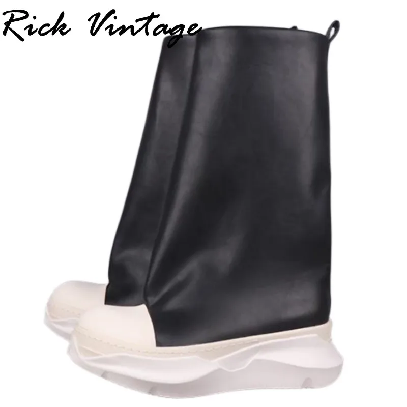 Rick Vintage Women Platform Motorcycle Boots High-TOP PU Leather Mid-Calf Sneaker Luxury Trainers Casual Autumn Flat Black Shoes