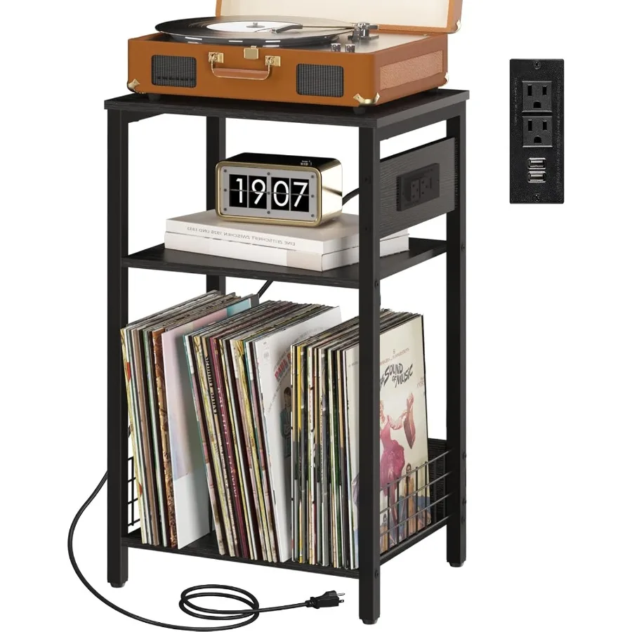 

Record Player Stand 3-Tier End Table with Charging Station Small Side Table for Living Room Bedroom Nightstand for Vinyl Storag