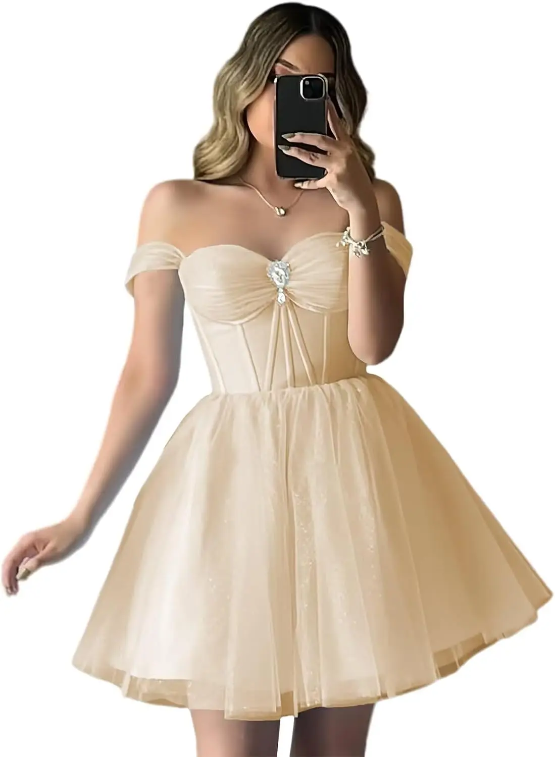 

Sparkly Tulle Homecoming Dresses Off Shoulder Short Prom Dresses for Teens Puffy Sweetheart A Line Cocktail Graduation Dress