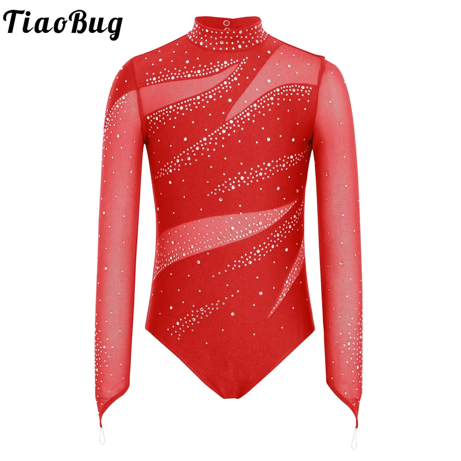 

Kids Girls Figure Skating Ballet Dance Leotards Performance Jumpsuits Long Sleeve Mesh Patchwork Rhinestones Gymnastics Bodysuit