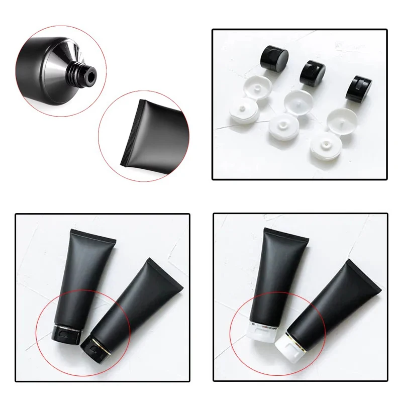 Tubos negros mate vacíos de 100ml con tapas abatibles, contenedores de crema facial rellenables, botellas de maquillaje de plástico esmerilado para viaje, 5 uds.