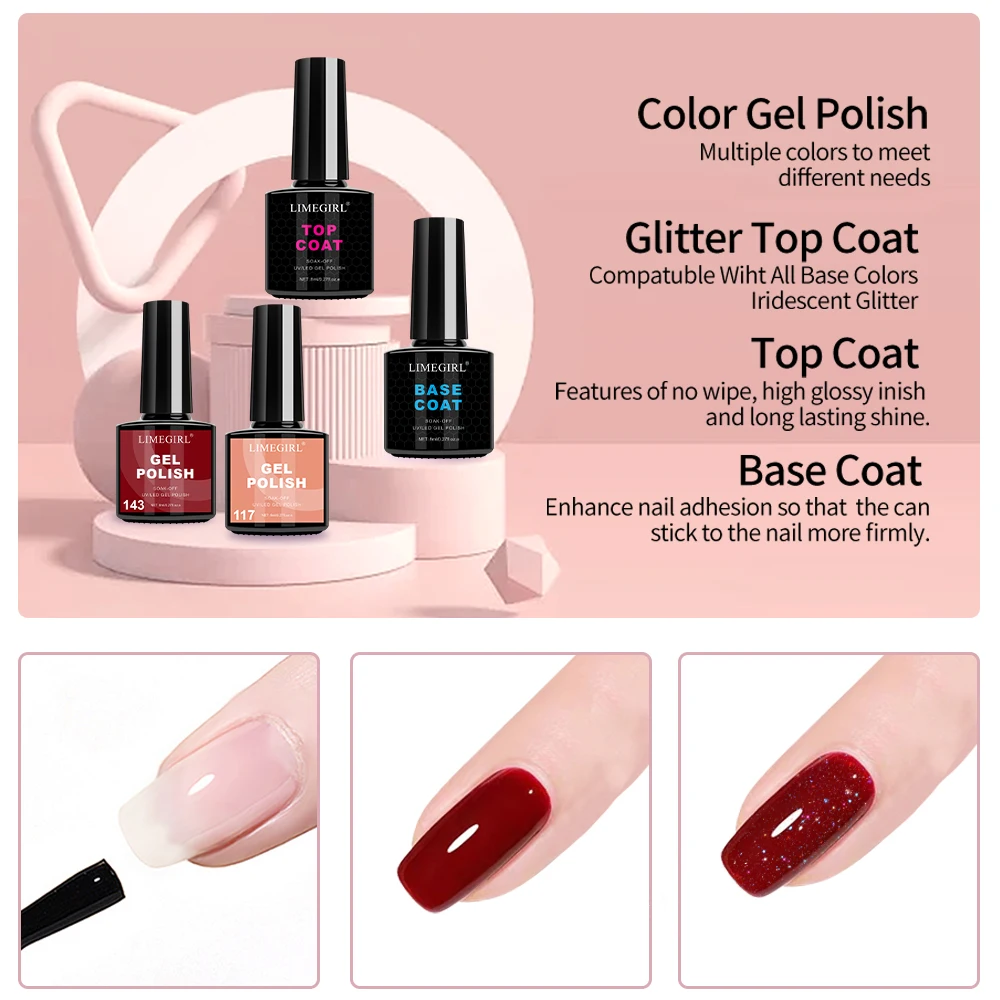 Limegirl conjunto de esmalte em gel com lâmpada UV 10 cores kit de ferramentas para salão de manicure em gel para arte em unhas com revestimento base e revestimento superior